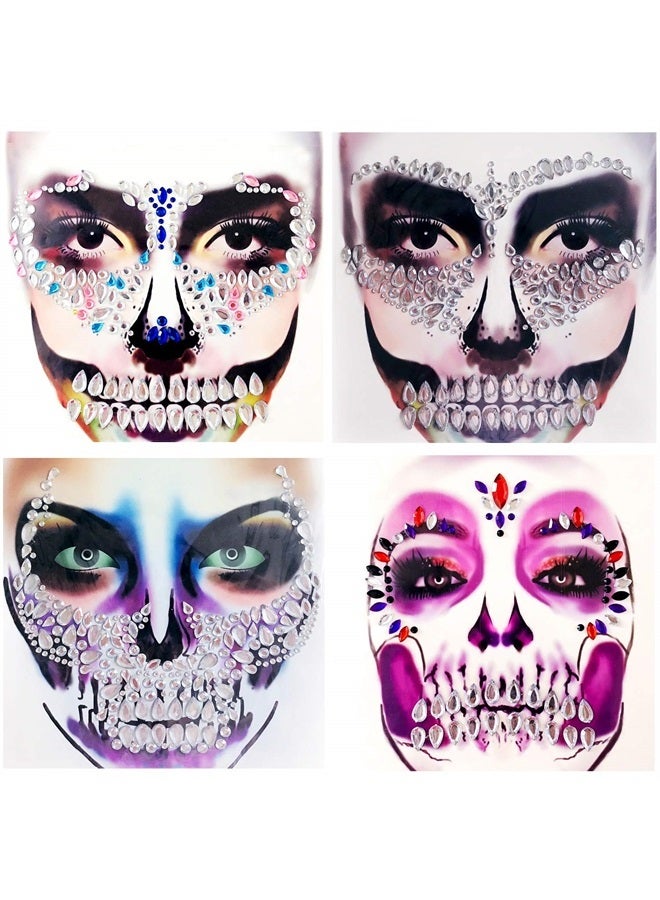 Kotbs Day Of The Dead Skull Face Gems Jewels, 4-Pack Temporary Rhinestone Face Tattoo, Face Stickers Gems Jewels for Halloween - Image 1