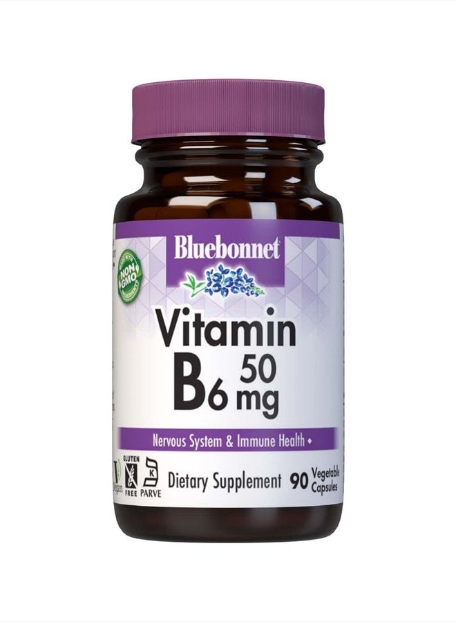 Bluebonnet Nutrition Vitamin B6 Vegetable Capsules, 50 mg, for Cardiovascular and Nervous System Health, Soy Free, Gluten Free, Kosher, Dairy Free, Vegan, Non-GMO, 90 Vegetable Capsules, 90 Servings - Image 1
