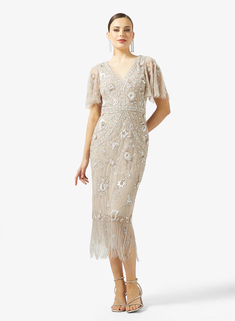 Adrianna Papell Flutter Sleeve Bead Dress - Image 1