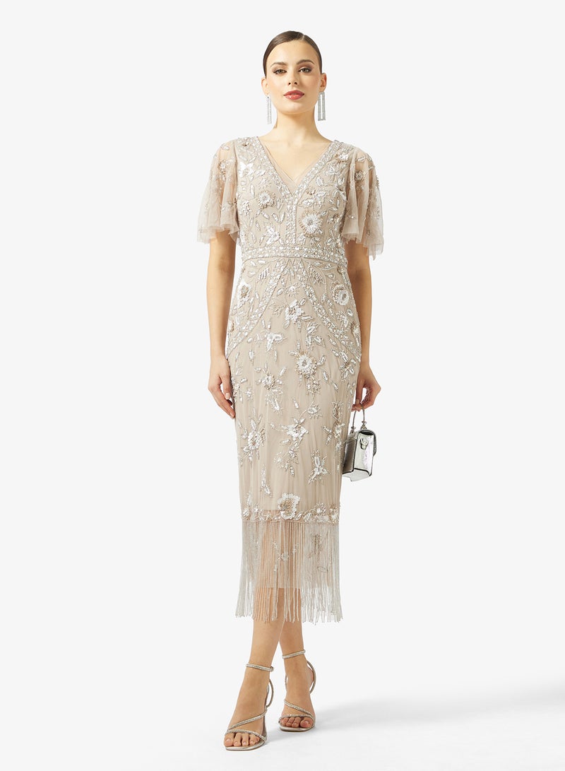 Adrianna Papell Flutter Sleeve Bead Dress - Image 4