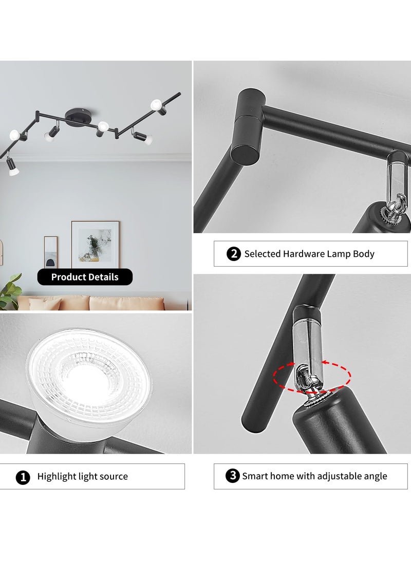 Ganeed - Modern Black 6-Lights Spotlight, LED Ceiling Track Light Kit with Adjustable Light Head, Flush Mount Ceiling Spot Lighting Fixtures for Dining Room, Kitchen, Bedroom (6 x GU10 Bulbs Included) - Image 1