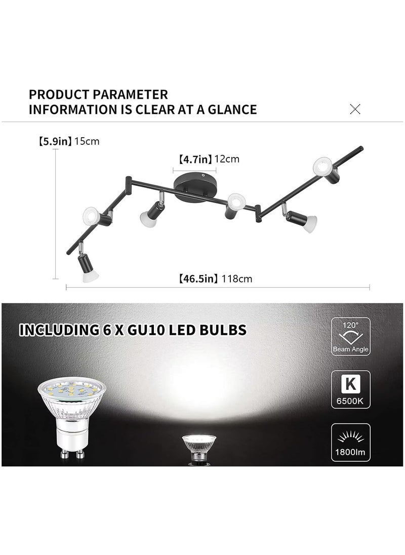 Ganeed - Modern Black 6-Lights Spotlight, LED Ceiling Track Light Kit with Adjustable Light Head, Flush Mount Ceiling Spot Lighting Fixtures for Dining Room, Kitchen, Bedroom (6 x GU10 Bulbs Included) - Image 1