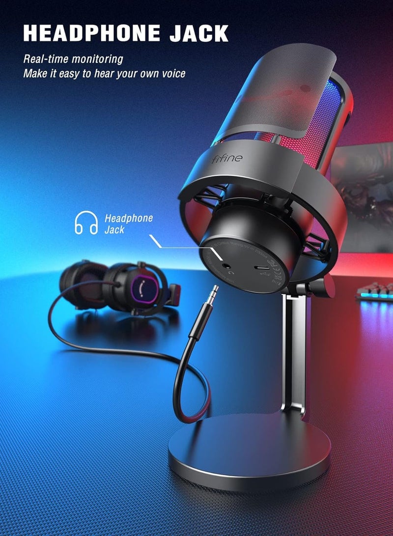 FIFINE Gaming Microphone, USB PC Mic for Streaming, Podcasts, Recording, Condenser Computer Desktop Mic on Mac/PS4/PS5, with RGB Control, Mute Touch, Headphone Jack, Pop Filter, Stand-AmpliGame - A8 - Image 3