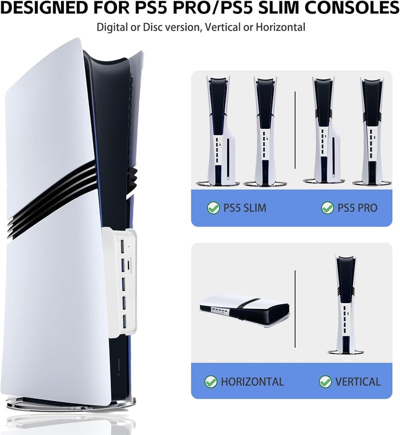 Megadream 6 Ports USB Hub for PS5 Pro/Slim Console, High-Speed Expander Hub Charger Port with 4 USB-A 2.0 + 1 USB Charging Port + 1 Type C Port, Compatible with PlayStation 5 Pro/Slim Front Jacks, White - Image 5