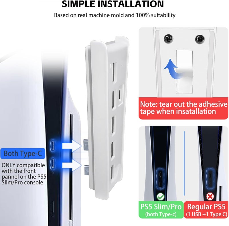 Megadream 6 Ports USB Hub for PS5 Pro/Slim Console, High-Speed Expander Hub Charger Port with 4 USB-A 2.0 + 1 USB Charging Port + 1 Type C Port, Compatible with PlayStation 5 Pro/Slim Front Jacks, White - Image 3