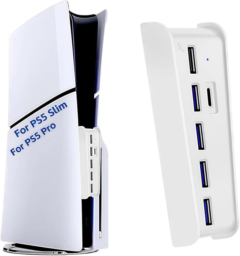 Megadream 6 Ports USB Hub for PS5 Pro/Slim Console, High-Speed Expander Hub Charger Port with 4 USB-A 2.0 + 1 USB Charging Port + 1 Type C Port, Compatible with PlayStation 5 Pro/Slim Front Jacks, White - Image 1