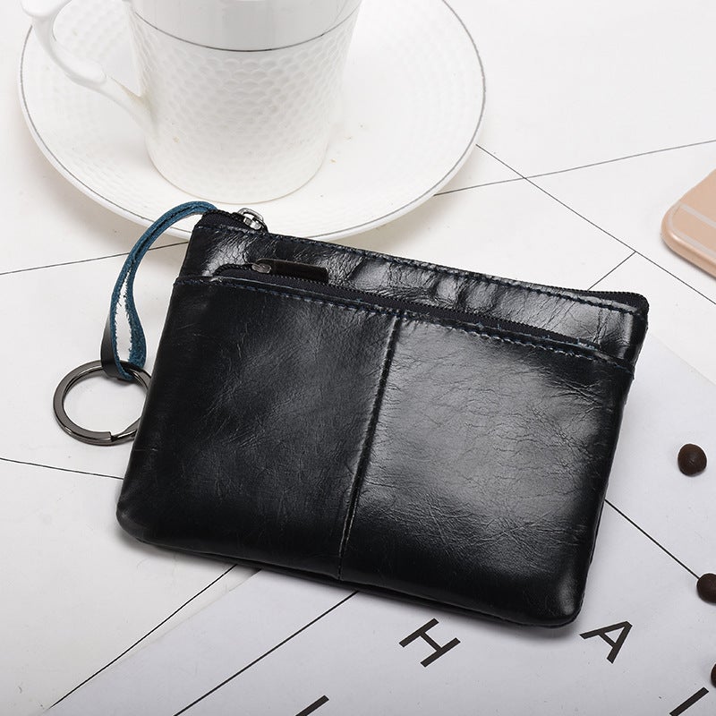New Trendy Genuine Leather Mens Simple Coin Purse Womens Zipper Hand Wallet Vintage Short Cowhide Card Bag Cross-Border Navy