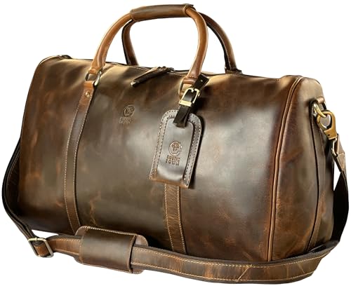 Rustic Town Leather Holdall Bags for Men - Travel Overnight Duffle - Weekend Carry On Suitcase - Underseat Flight Cabin Duffel Bag, Brown, L, Mens leather weekend bag - Image 1