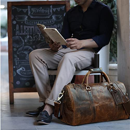 Rustic Town Leather Holdall Bags for Men - Travel Overnight Duffle - Weekend Carry On Suitcase - Underseat Flight Cabin Duffel Bag, Brown, L, Mens leather weekend bag - Image 2