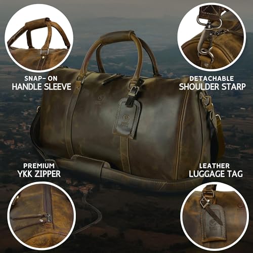 Rustic Town Leather Holdall Bags for Men - Travel Overnight Duffle - Weekend Carry On Suitcase - Underseat Flight Cabin Duffel Bag, Brown, L, Mens leather weekend bag - Image 5