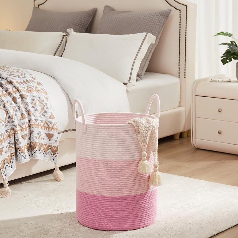 Fiona's magic Cotton Rope Laundry Hamper by, Tall Woven Laundry Basket Storage, Baby Nursery Hamper for Blankets, Toys and Clothes Hamper for Bedroom and Living Room Organizing, 58L, Pink - Image 4
