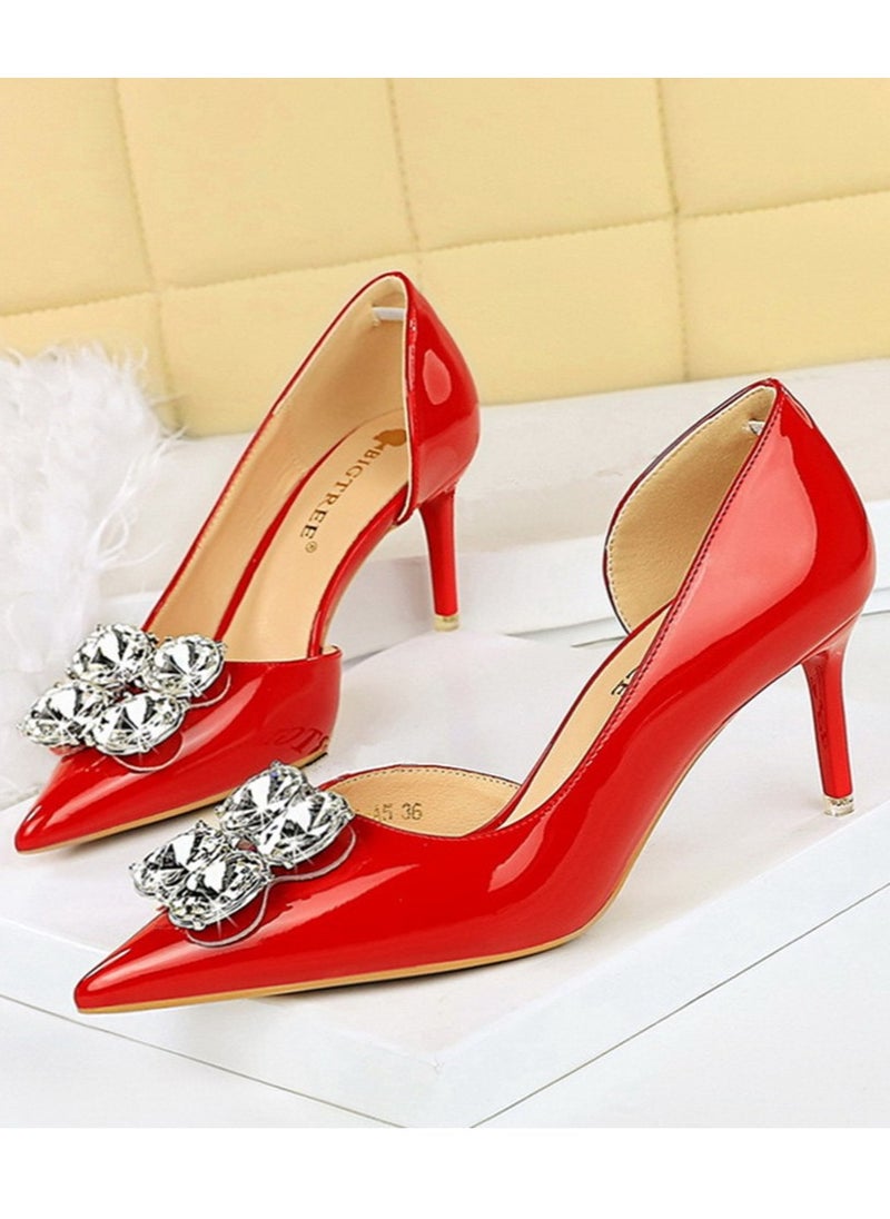 BIGTREE Women's Closed Pointed Toe Stiletto Pump Rhinestone Decoration High Heels Red 7.5 CM  - Image 1