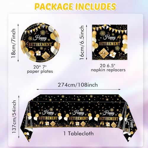 SNIMICS 41PCS Retirement Decorations For Men Black and Gold Disposable Tablerware Decoration Favors Including Napkins Plates Tablecloth Set for Women Men Serves 20 - Image 2