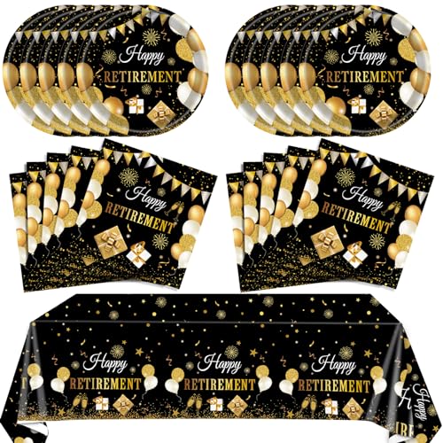 SNIMICS 41PCS Retirement Decorations For Men Black and Gold Disposable Tablerware Decoration Favors Including Napkins Plates Tablecloth Set for Women Men Serves 20 - Image 1