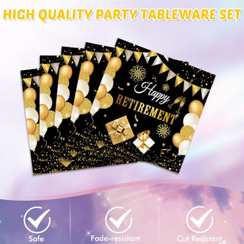 SNIMICS 41PCS Retirement Decorations For Men Black and Gold Disposable Tablerware Decoration Favors Including Napkins Plates Tablecloth Set for Women Men Serves 20 - Image 4
