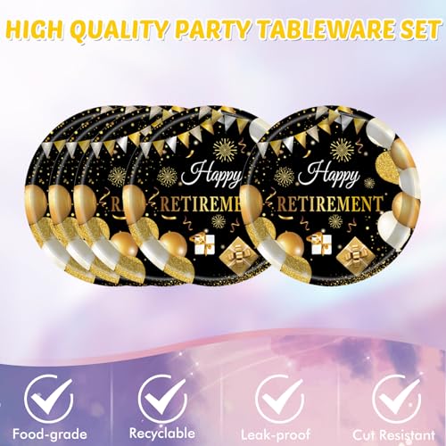 SNIMICS 41PCS Retirement Decorations For Men Black and Gold Disposable Tablerware Decoration Favors Including Napkins Plates Tablecloth Set for Women Men Serves 20 - Image 5
