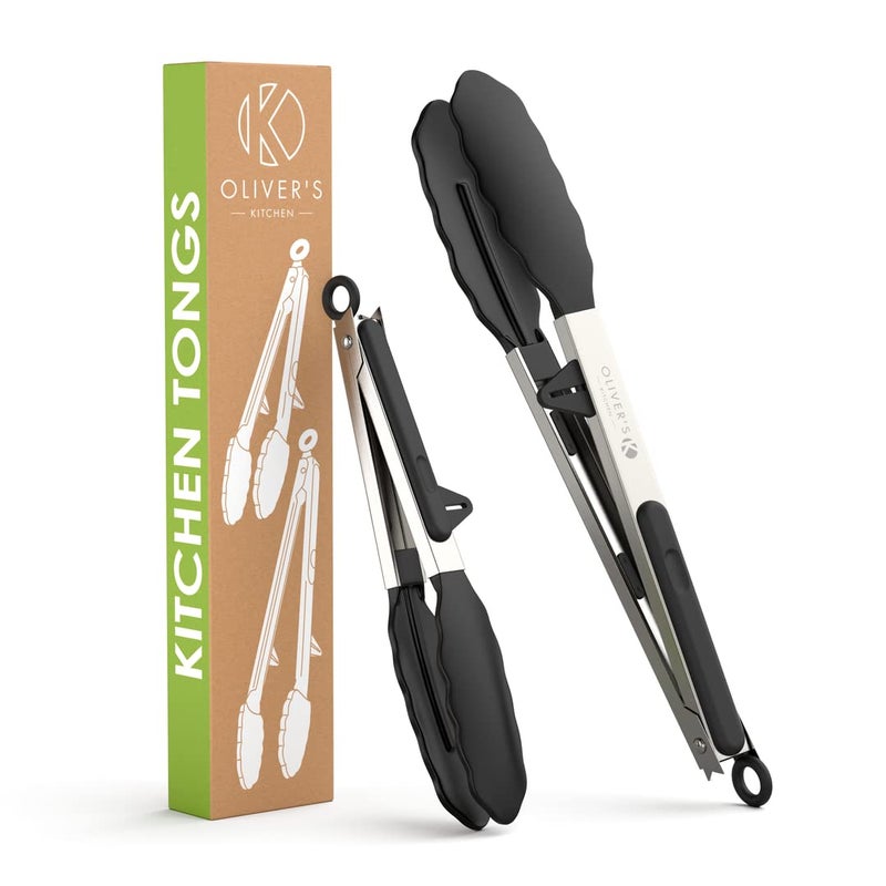 Olivers Kitchen  Cooking Tongs  2 x Food Safe Silicone Kitchen Tongs  Locking Clip for Easy Storage  Great for Air Fryer  Serving  Easy to Use  Grip BBQ Tongs  Stylish Stainless Steel Design
