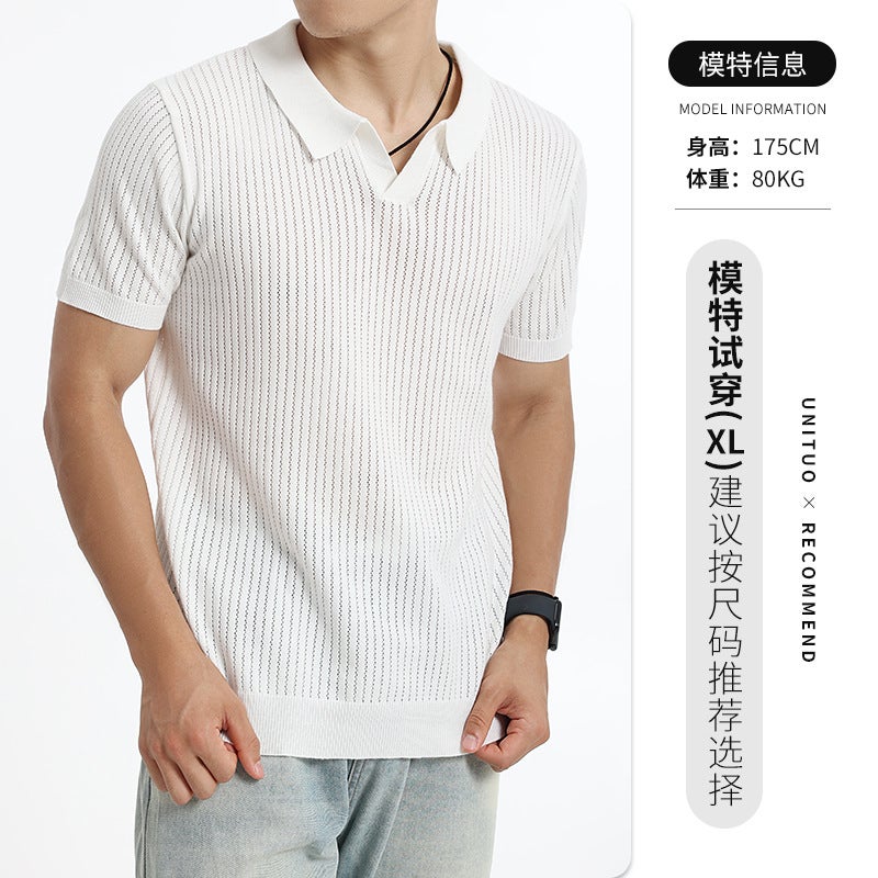Men's V-Neck Knit Polo Shirt Short Sleeve Summer Lightweight Breathable Casual Top - Image 2