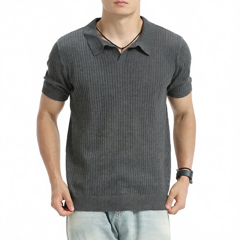Men's V-Neck Knit Polo Shirt Short Sleeve Summer Lightweight Breathable Casual Top - Image 1