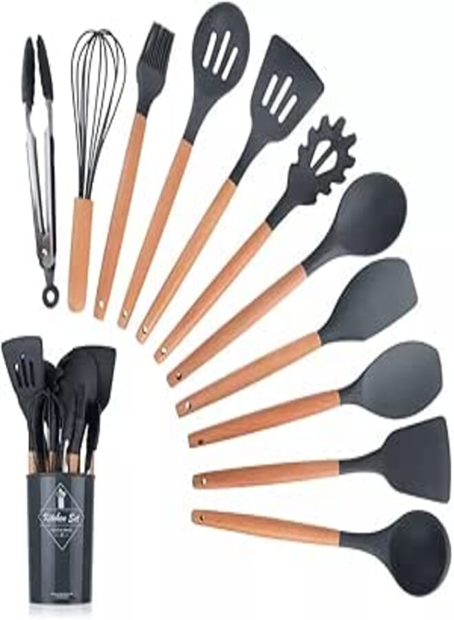Karangrad Karangred 12Pcs Silicone Cooking Kitchen Utensils Set with Holder,Wooden Handles Cooking Tool,BPA Free,Non Toxic Turner Tongs Spatula Spoon Kitchen Gadgets Set for Nonstick Cookware (Black)