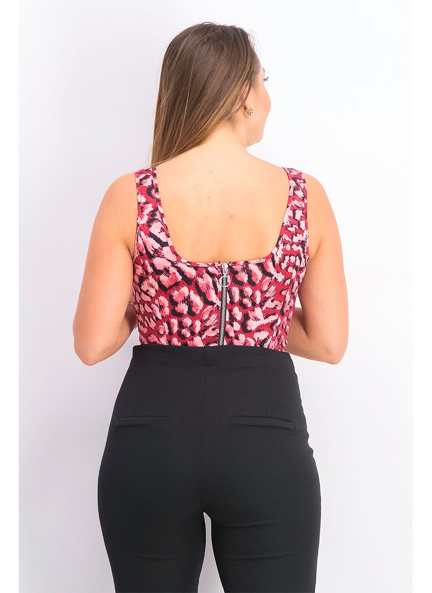 TOPSHOP Women Crew Neck Sleeveless Animal Print Crop Top, Red and Pink  - Image 3