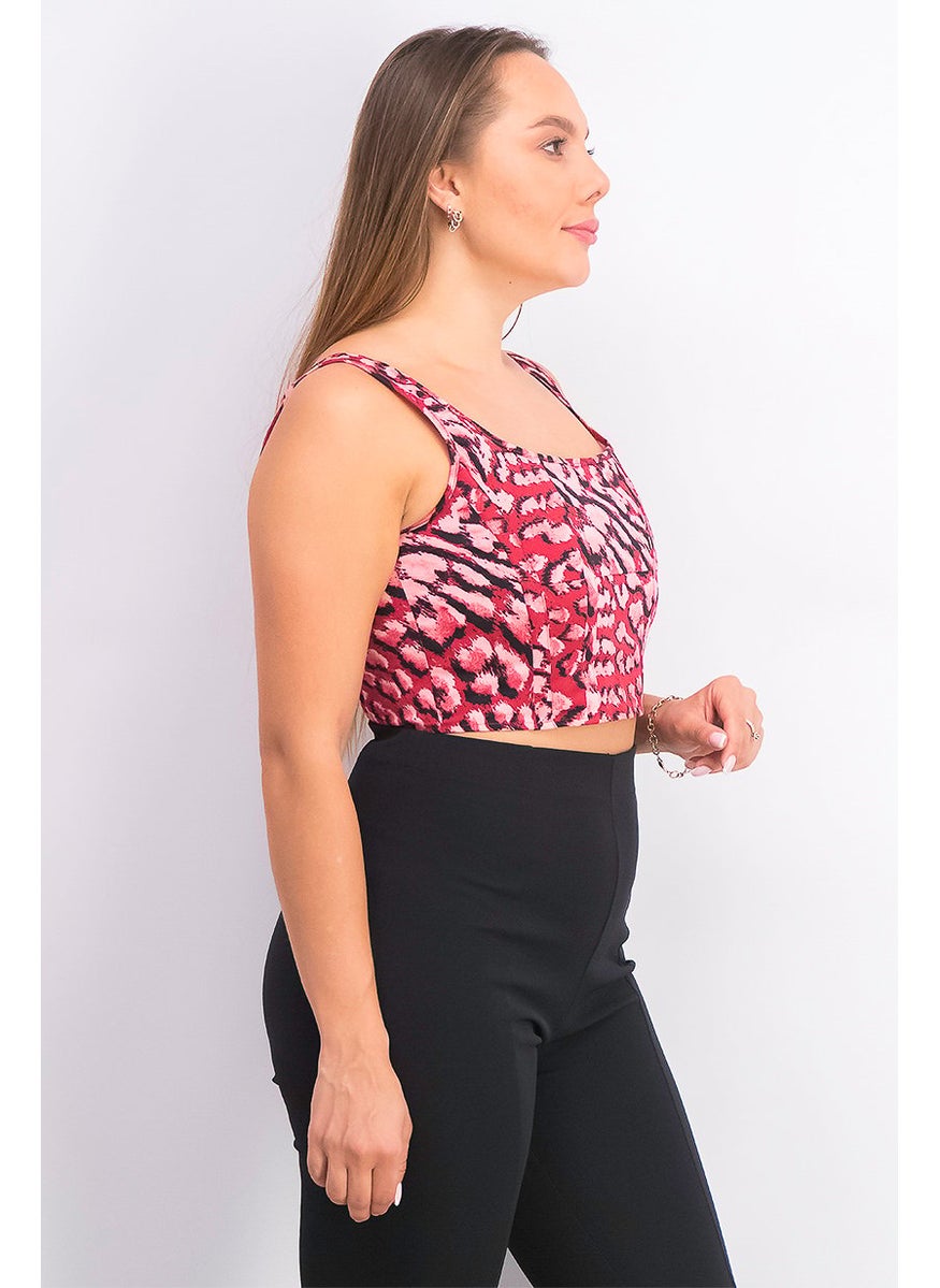 TOPSHOP Women Crew Neck Sleeveless Animal Print Crop Top, Red and Pink  - Image 2