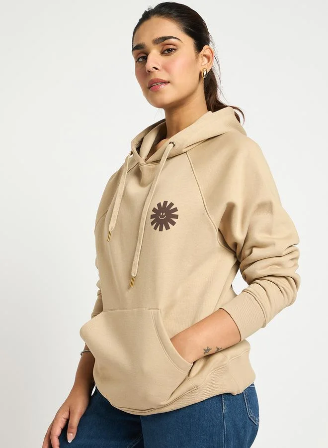Femmella Beige Oversized Raglan Sleeve Graphic Hoodie