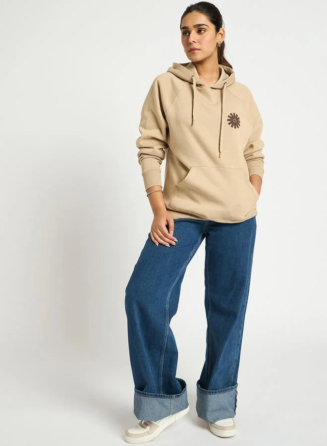 Beige Oversized Raglan Sleeve Graphic Hoodie