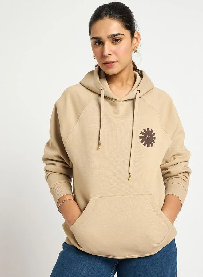 Femmella  Beige Oversized Raglan Sleeve Graphic Hoodie for Women | Best Price UAE