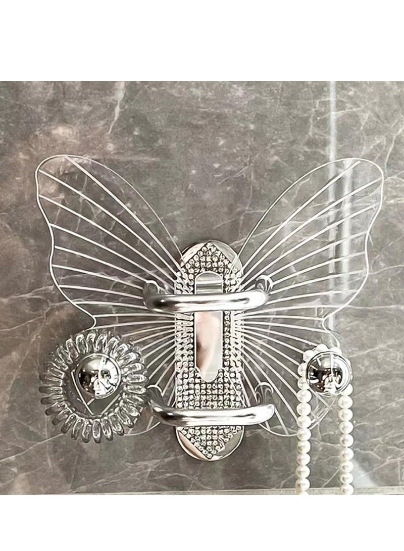 Excefore Hair Brush Stand Acrylic Butterfly Comb Scrunchie Storage Rack Wall Hanging Perforation Free Bathroom Organizer with Rubber Band and Hair Ring Storage Hook for Bathroom - Image 5