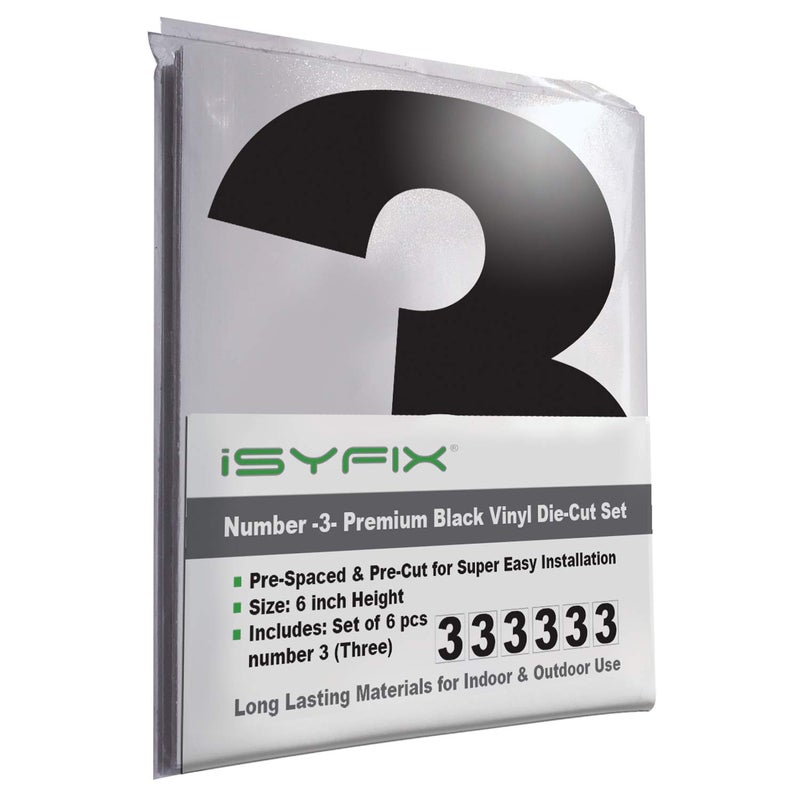 iSYFIX Black Vinyl Number 3 (Three) Stickers - 6 Pack 6 inch Self Adhesive - Decal Die Cut & Pre-Spaced for Mailbox, Signs, Window, Door, Cars, Trucks, Home, Business, Address Number, In & Outdoor - Image 1