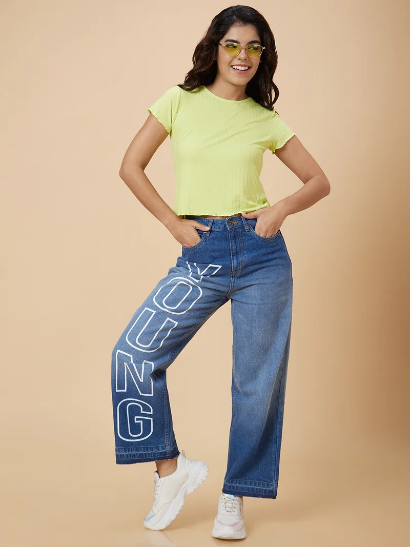 globus Women Blue & Women Mid -Rise Printed Boyfriend Fit Light Fade Pure Cotton Jeans