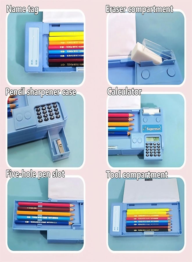 Pop Up Multifunction Pencil Case for Boys and Girls with Calculator, Sharpener, Cute School Supplies Pencil Box, Stationery Organizer, Best Gift Birthday Present for Kids(Blue) - Image 3