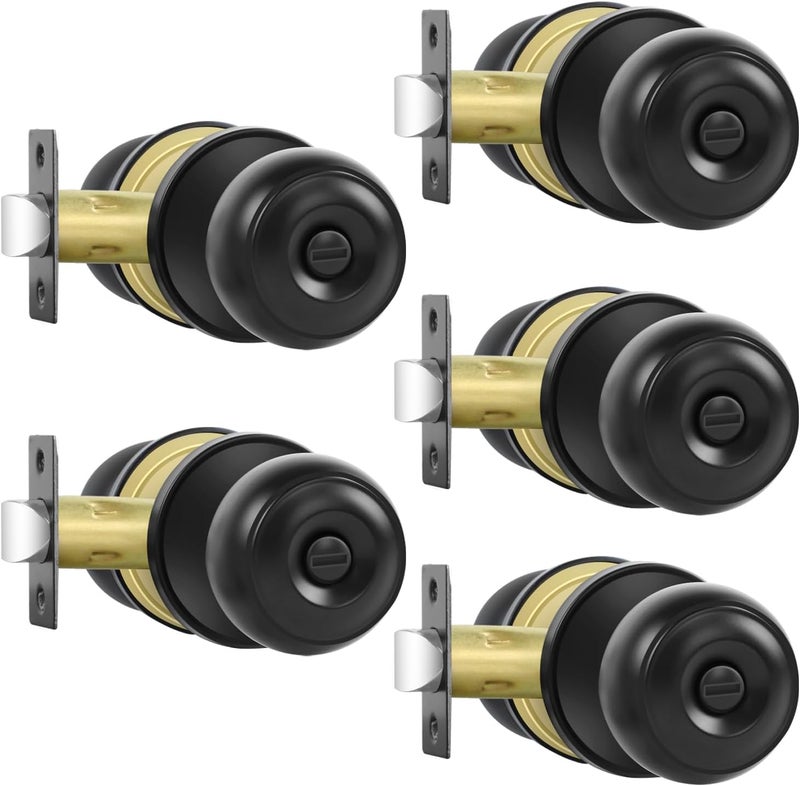 RAZCC Privacy Door Knobs, 5 Pack Matte Black Door Knobs with Lock, Bed and Bath Door Knob Interior Keyless Locksets, Round Door Handles Reversible for Left Right Handed Doors - Image 1