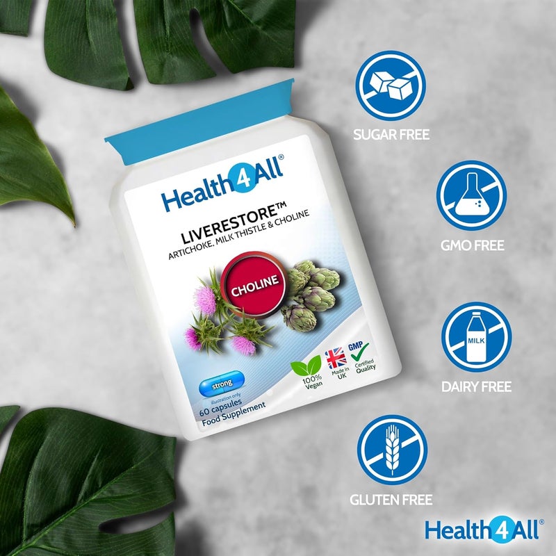 Health4All Liverestore Liver Cleanse Detox and Repair Capsules Milk Thistle 80 Silymarin Artichoke and Choline 60 Capsules Vegan Liver Health Support Supplement 2 Month Supply Made in UK - Image 5