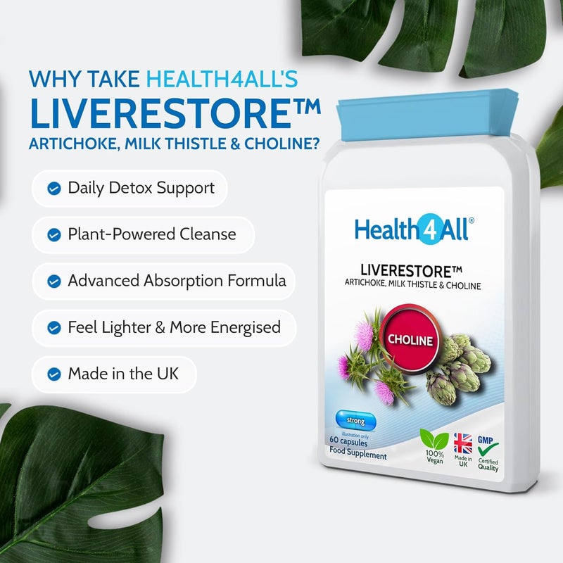 Health4All Liverestore Liver Cleanse Detox and Repair Capsules Milk Thistle 80 Silymarin Artichoke and Choline 60 Capsules Vegan Liver Health Support Supplement 2 Month Supply Made in UK - Image 2