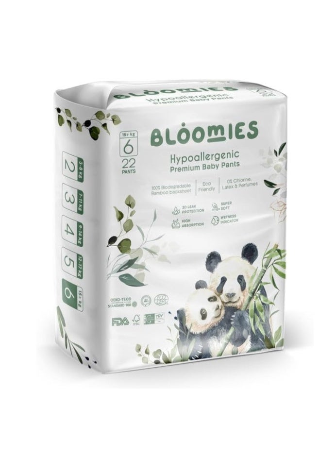 Bloomies Premium Baby Diaper Pants Size 6, 15+kg, 22 Count, Wetness Indicator Eco-friendly and Hypoallergenic Ultra-soft Nappy Diapers Pant Skin Friendly, Leakage Protection, 100% Natural Bamboo Made - Image 1