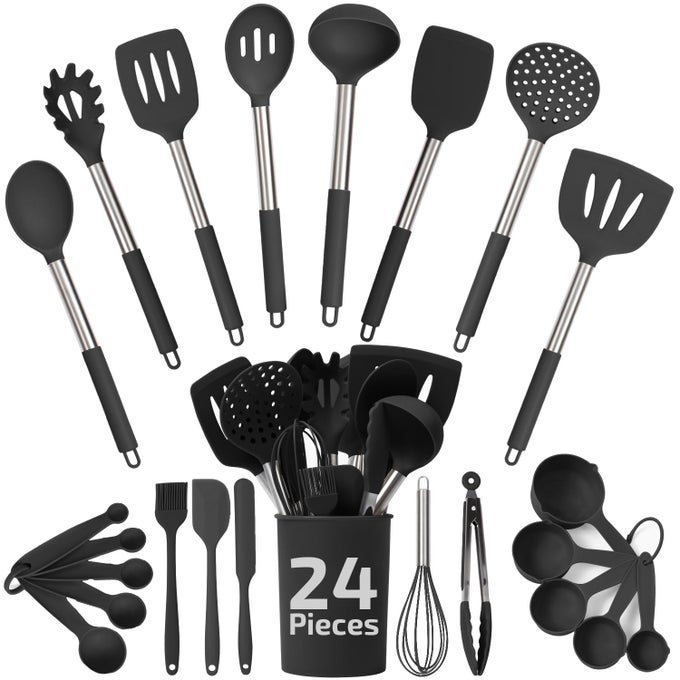 SILICONE KITCHEN UTENSILS SET 24PIECES BLACK COOKING UTENSILS FOR NONSTICK COOKWARE SILICONE SPATULAS SET STAINLESS STEEL HANDLE OTHER KITCHEN ACCESSORIES