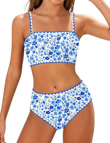 ADIFUN Girls Swimsuits Size 10-12 Adjustable Shoulder Straps with Chest Pad Bikini with Cover Up Skirt 3 Piece Swimwear Set Girl Bathing Suit Blue Flower - Image 1