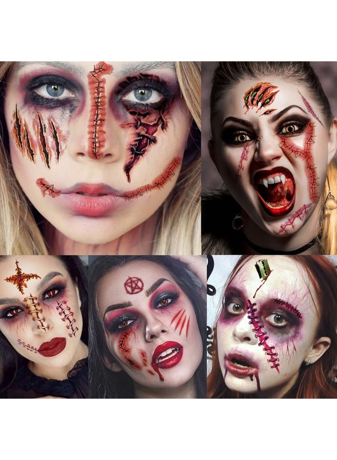 JOEHAPY 435+ PCS 50 Sheets Halloween Fake Scar Tattoos Sticker, 3D Chucky Stitches Tattoo For Women Men Adult Kids Boys Girls, Fake Blood Wound Cut Zombie Tattoos Halloween Face Makeup Kit Set Decals - Image 5