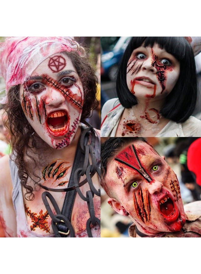 JOEHAPY 435+ PCS 50 Sheets Halloween Fake Scar Tattoos Sticker, 3D Chucky Stitches Tattoo For Women Men Adult Kids Boys Girls, Fake Blood Wound Cut Zombie Tattoos Halloween Face Makeup Kit Set Decals - Image 1