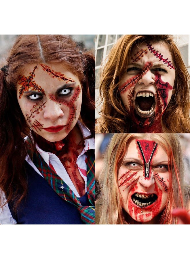 JOEHAPY 435+ PCS 50 Sheets Halloween Fake Scar Tattoos Sticker, 3D Chucky Stitches Tattoo For Women Men Adult Kids Boys Girls, Fake Blood Wound Cut Zombie Tattoos Halloween Face Makeup Kit Set Decals - Image 3