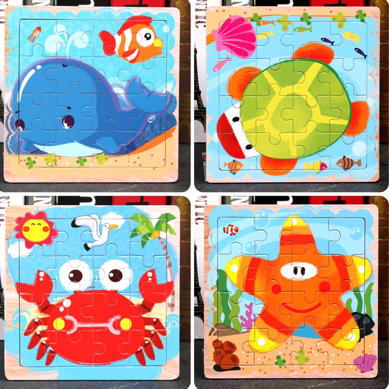 Wooden Animal And Ocean Cognitive Puzzles With Patterned Patchwork And Flat Assembly For Children - Image 4