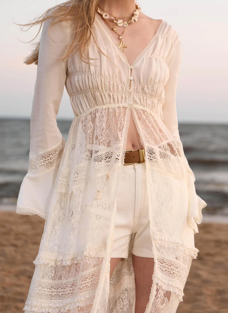 Lichi  Beach maxi dress with lace inserts and button fastening for Women | Best Price UAE