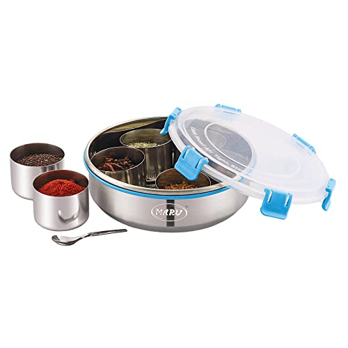MARU Spice Box Stainless Steel |Masala Dabba Steel Masala Box for Kitchen Steel |Masala Dani for Kitchen Plastic lid 7 container 1 Spoon - (18.8cm Diameter) (Blue) - Image 1