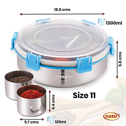 MARU Spice Box Stainless Steel |Masala Dabba Steel Masala Box for Kitchen Steel |Masala Dani for Kitchen Plastic lid 7 container 1 Spoon - (18.8cm Diameter) (Blue) - Image 2