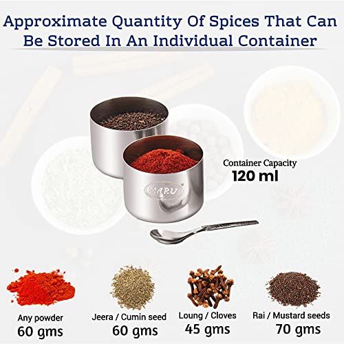 MARU Spice Box Stainless Steel |Masala Dabba Steel Masala Box for Kitchen Steel |Masala Dani for Kitchen Plastic lid 7 container 1 Spoon - (18.8cm Diameter) (Blue) - Image 3