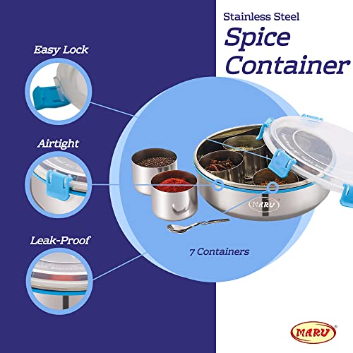 MARU Spice Box Stainless Steel |Masala Dabba Steel Masala Box for Kitchen Steel |Masala Dani for Kitchen Plastic lid 7 container 1 Spoon - (18.8cm Diameter) (Blue) - Image 4