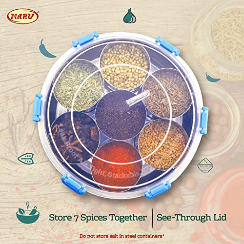 MARU Spice Box Stainless Steel |Masala Dabba Steel Masala Box for Kitchen Steel |Masala Dani for Kitchen Plastic lid 7 container 1 Spoon - (18.8cm Diameter) (Blue) - Image 5