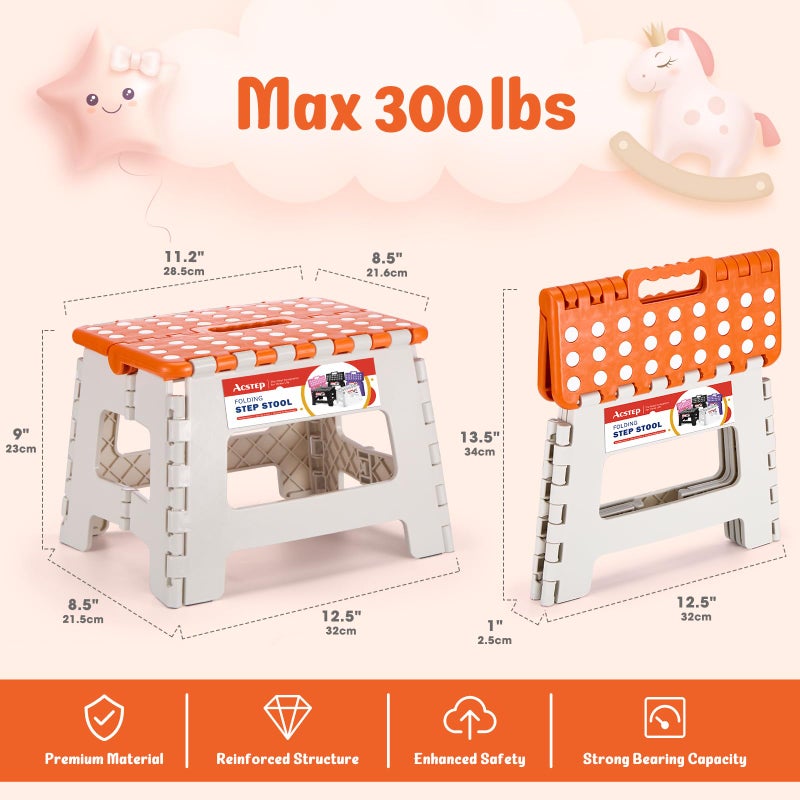ACSTEP 9 Inch Folding Step Stool 300 LB Capacity Plastic Foldable Step Stools for Kids and Adults, Folding Stool Suitable for Kitchen, Stepping Stool with Handle Bicolor Orange Small Step Stool 1PC - Image 4
